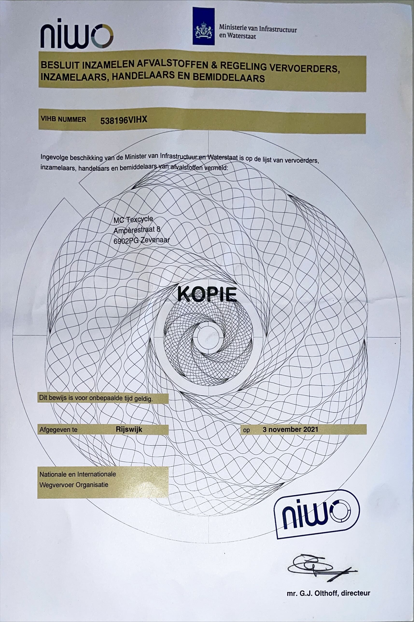 NIWO Certificaat