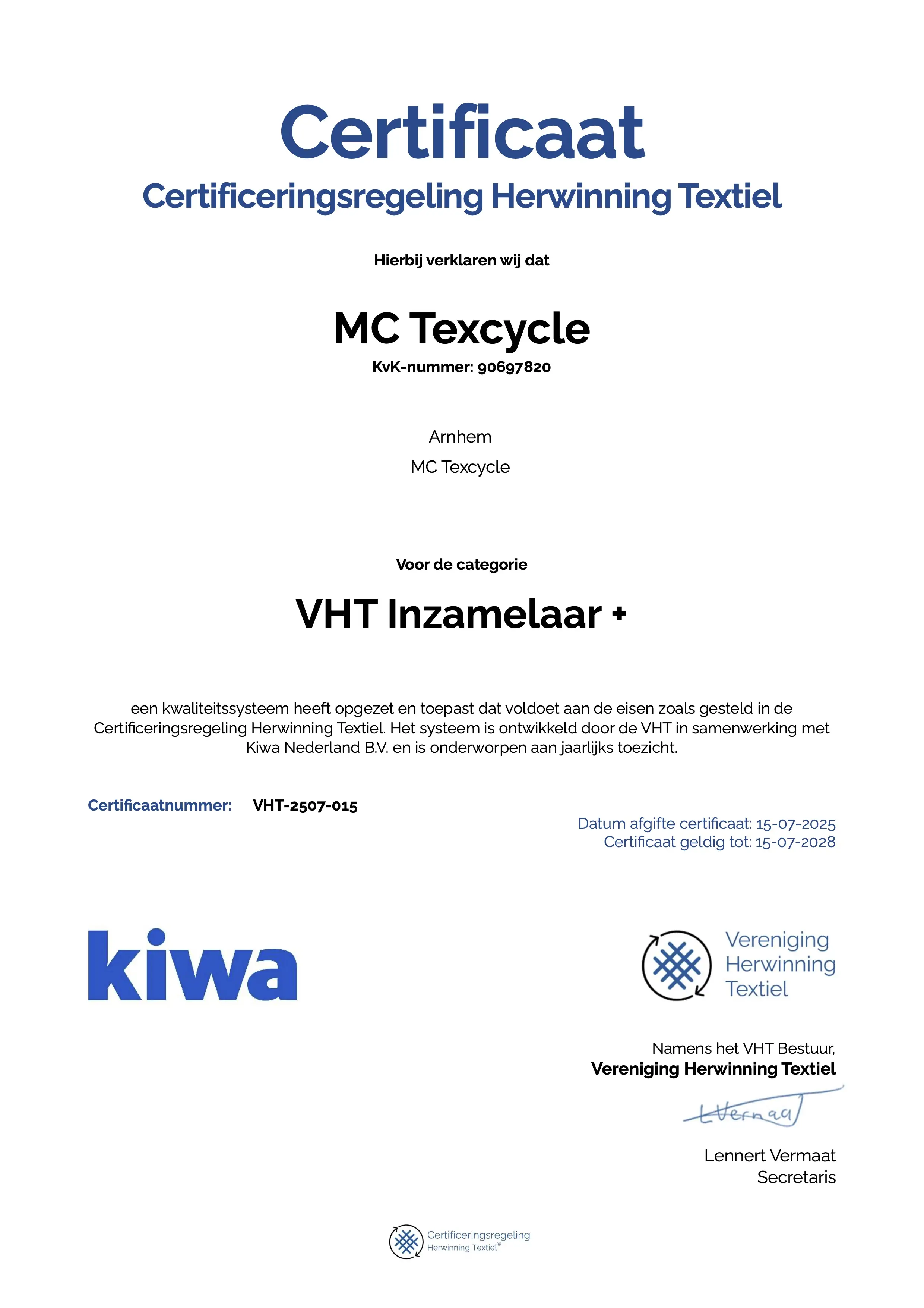 VHT Kiwa Certificaat